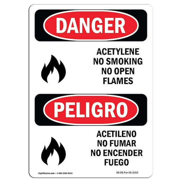 OSHA, Acetylene No Smoking No Open Flame Bilingual, 18in X 12in Rigid Plastic, OS-DS-P-1218-VS-1015